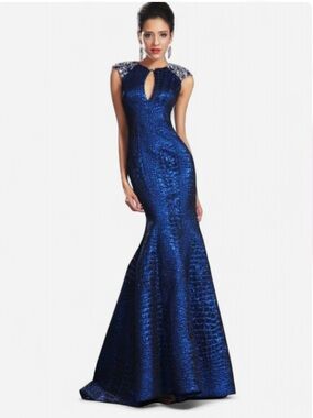 Elegant Royal Blue Beaded Cap-Sleeve Mermaid Prom Dress Size XS/S